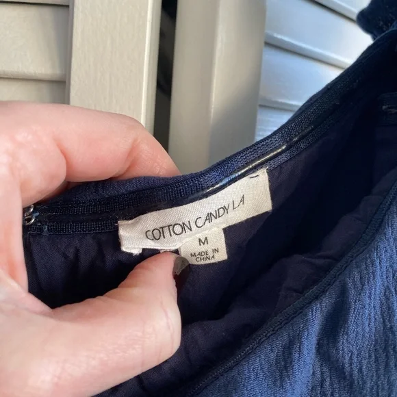 Navy blue adorable romper, on or off shoulder. Cotton Candy LA. - Picture 6 of 7